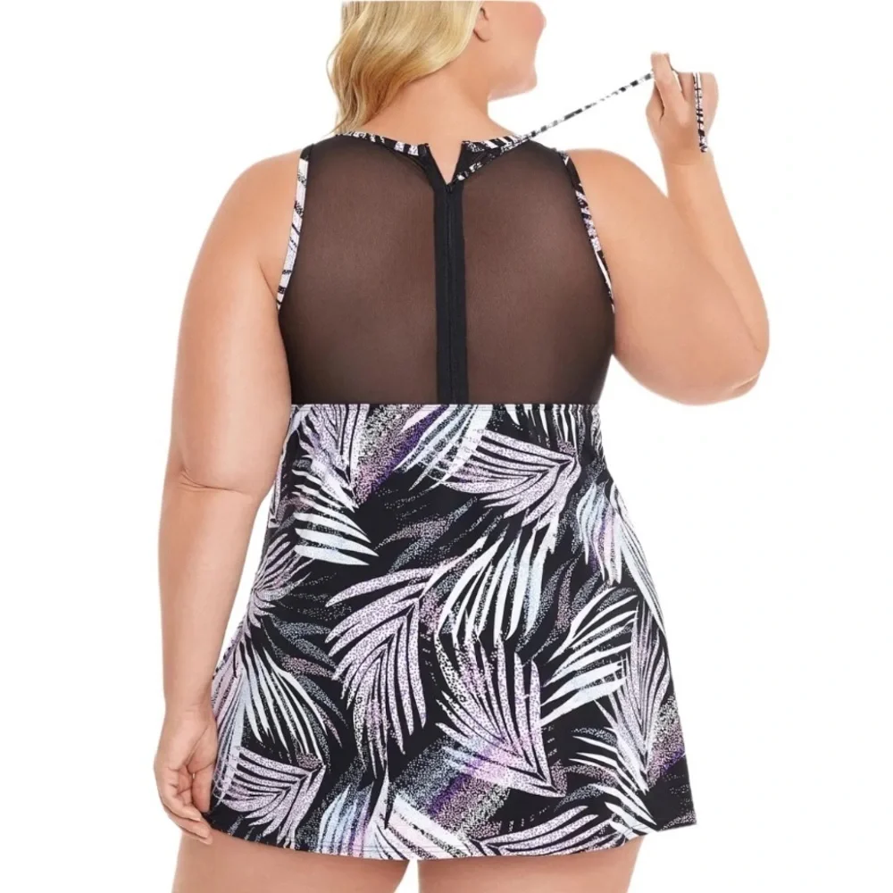 Swim Solutions Plus Sprinkle Leaf Tummy-Control Mesh 1 Piece Swimdress Swimsuit - Picture 3 of 10